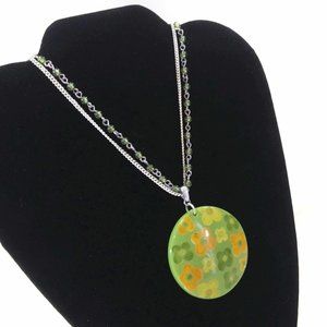 Laila Rowe Floral Pendant Necklace Silver Tone Jewelry Green/Yellow Trinket Gift
